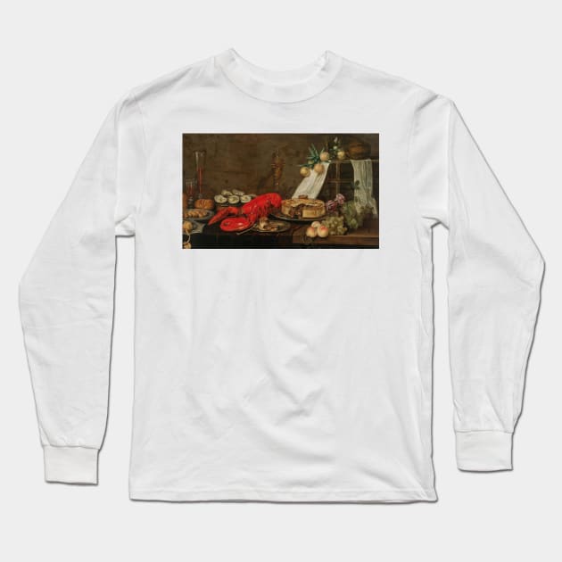 A Lobster, Oysters, Pastry, Mixed Fruit and Filled Wine Glasses on a Partially Draped Table by Frans Ykens Long Sleeve T-Shirt by Classic Art Stall